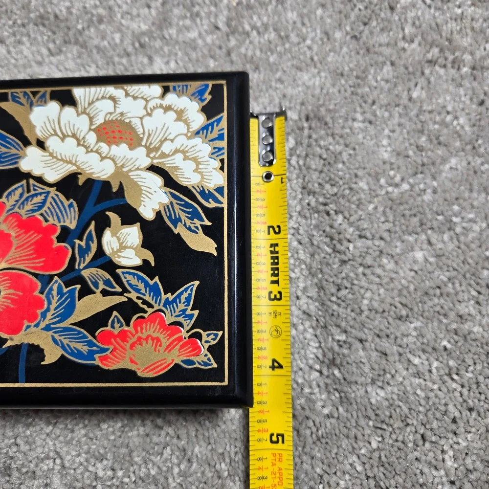 Jewelry Box Black Floral Peony Mirror Red Lining Organizer Vanity
